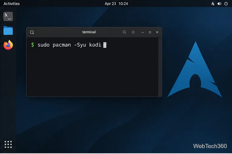 Рабочий стол Arch Linux с терминалом, отображающим команду pacman -Syu kodi.