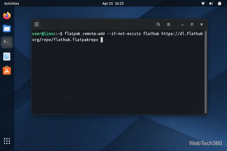 В терминале Linux отображается команда для добавления репозитория Flathub.