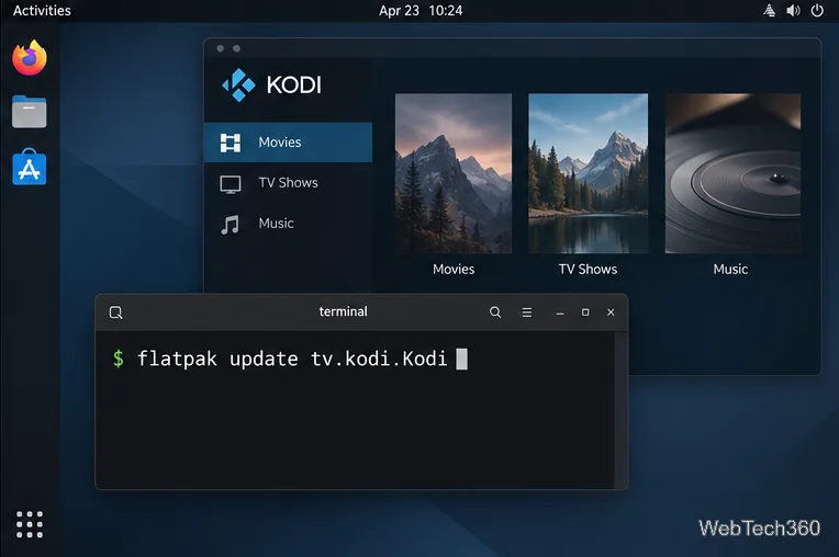 Медиацентр в стиле Kodi с фильмами, телешоу и музыкой, расположенный рядом с терминалом, отображающим обновление Flatpak tv.kodi.Kodi.