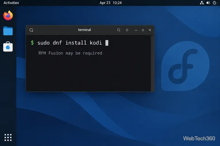 Рабочий стол в стиле Fedora с терминалом, отображающим команду dnf install kodi и заметку о RPM Fusion.