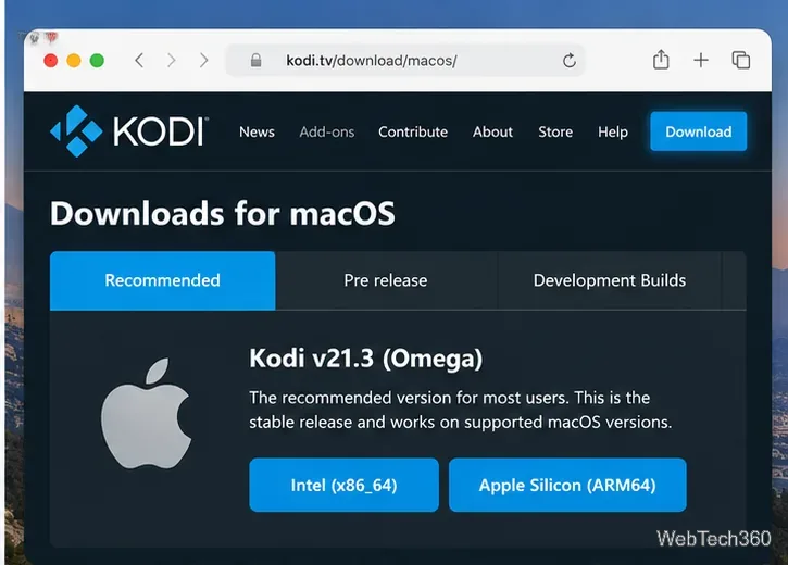 KodiのmacOSダウンロードページに、推奨ビルドとIntelおよびApple Siliconボタンが表示されます。