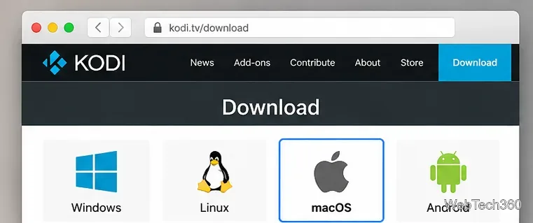 Kodiのダウンロードウェブサイトで、プラットフォームの選択肢からmacOSが選択されています。