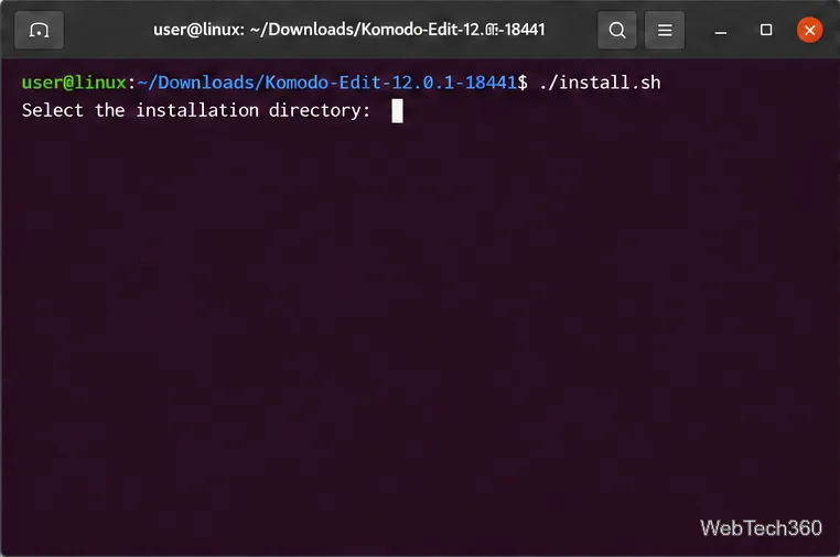 Le programme d'installation de Komodo Edit s'exécute dans un terminal Linux et demande un répertoire d'installation.