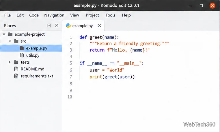 Komodo Edit 12.0.1 ouvert sous Linux avec une arborescence de projet et un fichier Python avec coloration syntaxique.