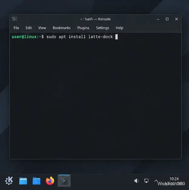 Le terminal Konsole a été saisi avec la commande `sudo apt install latte-dock` avant l'installation du paquet.