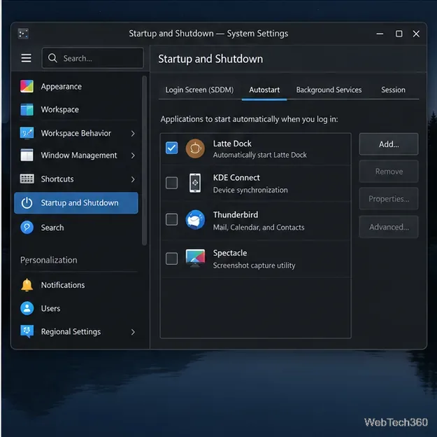 La page de démarrage automatique des paramètres système KDE indique Latte Dock comme application de connexion activée.