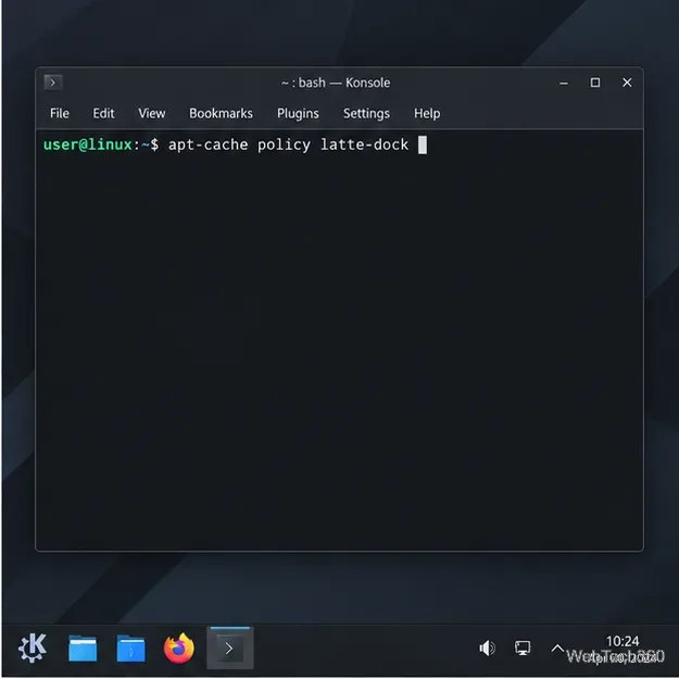 Terminal Konsole affichant la politique apt-cache latte-dock saisie à l'invite de commande
