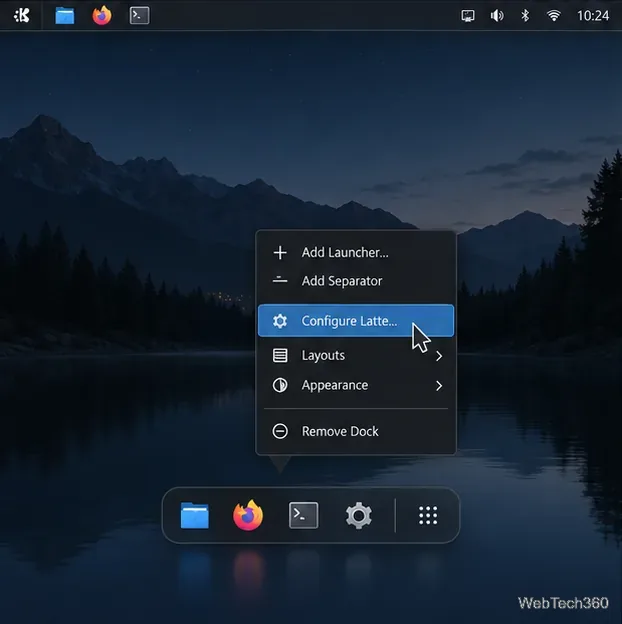 Menu contextuel de Latte Dock avec l'option Configurer Latte mise en évidence au-dessus du dock