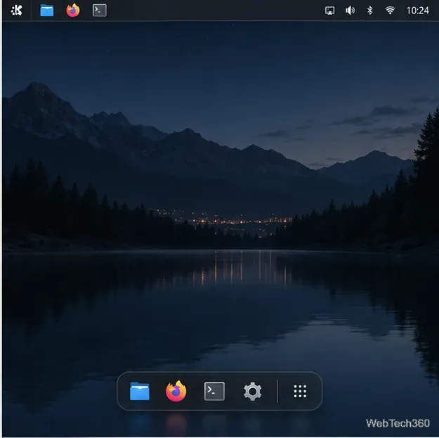 Bureau KDE avec un écran Plasma fin en haut et Latte Dock centré en bas.