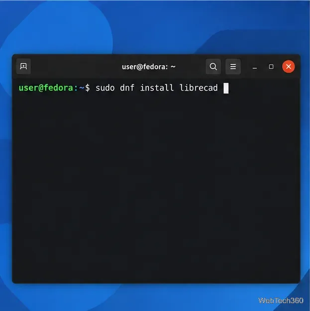 Terminal Fedora affichant la commande sudo dnf install librecad.