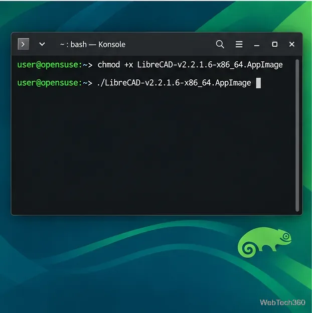 Terminal affichant chmod +x et la commande d'exécution pour LibreCAD 2.2.1.6 x86-64 AppImage.