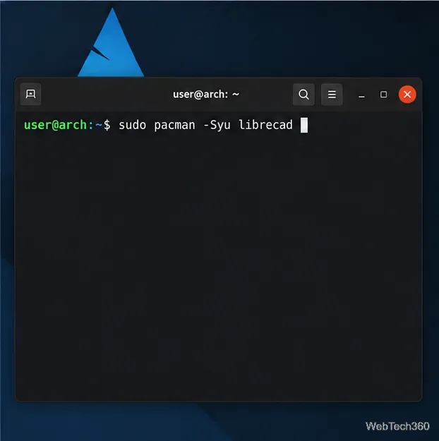 Terminal Arch Linux affichant sudo pacman -Syu librecad.