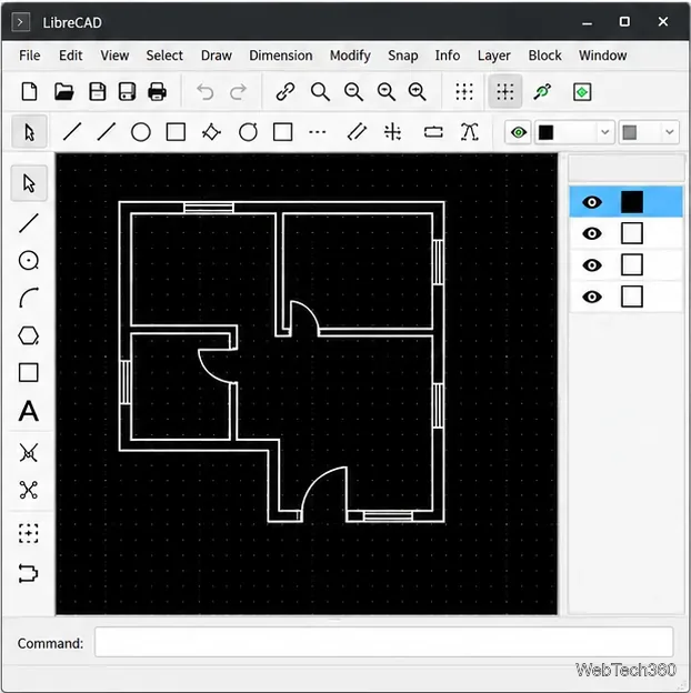 Fenêtre de dessin LibreCAD avec une zone de dessin centrale à grille pointillée noire, des lignes de plan d'étage 2D, des barres d'outils, un panneau de calques et une ligne de commande.
