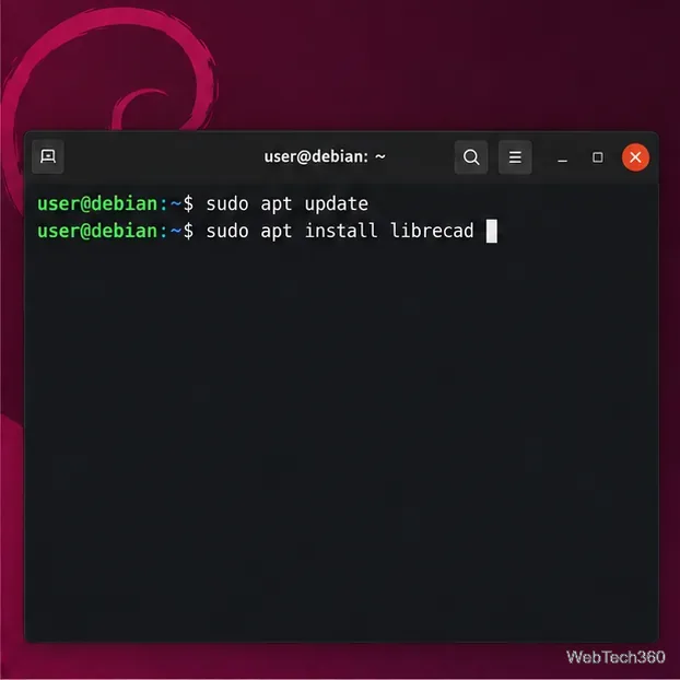Terminal de style Debian avec les commandes sudo apt update et sudo apt install librecad.