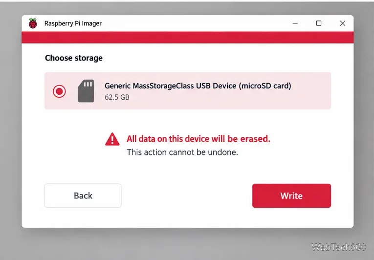 Illustration of Raspberry Pi Imager with a microSD card selected and the erase warning visible