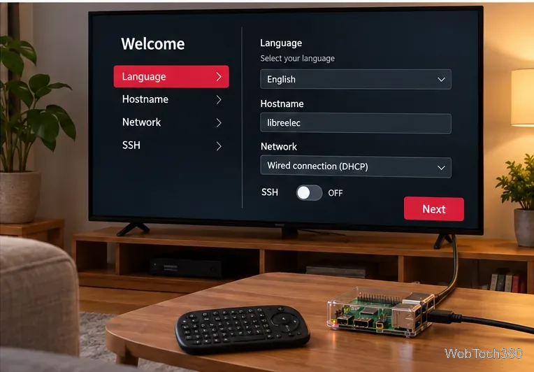 Illustration of a LibreELEC first-run wizard showing language, hostname, network, and SSH options on a TV