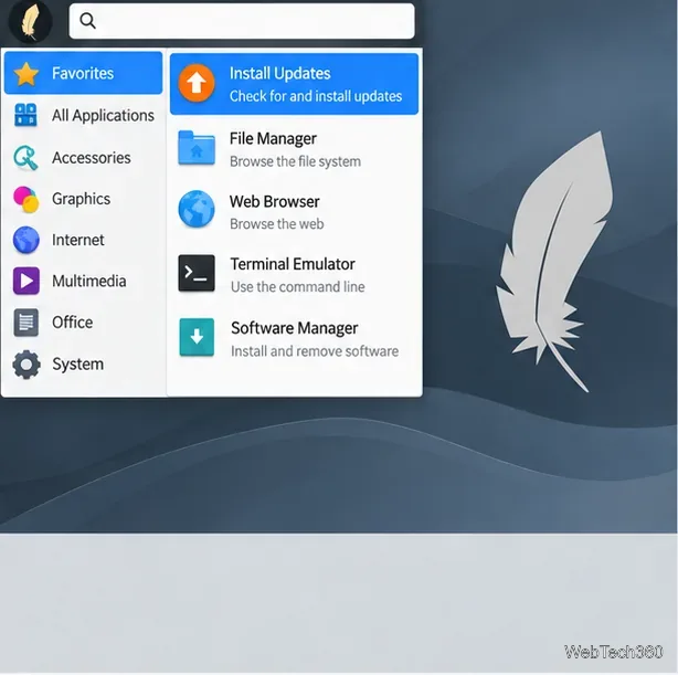 Meniul aplicației Linux Lite cu opțiunea Instalare actualizări evidențiată sub Preferințe.