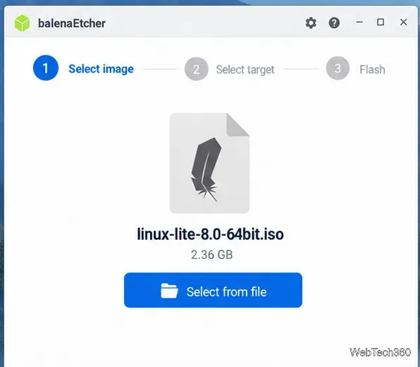 balenaEtcher în etapa Selectare imagine cu linux-lite-8.0-64bit.iso selectat.