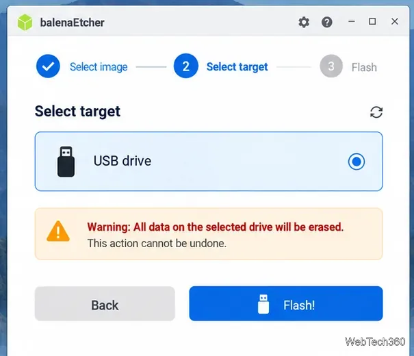 Selecția țintei balenaEtcher cu o unitate USB selectată și un avertisment că datele acesteia vor fi șterse.