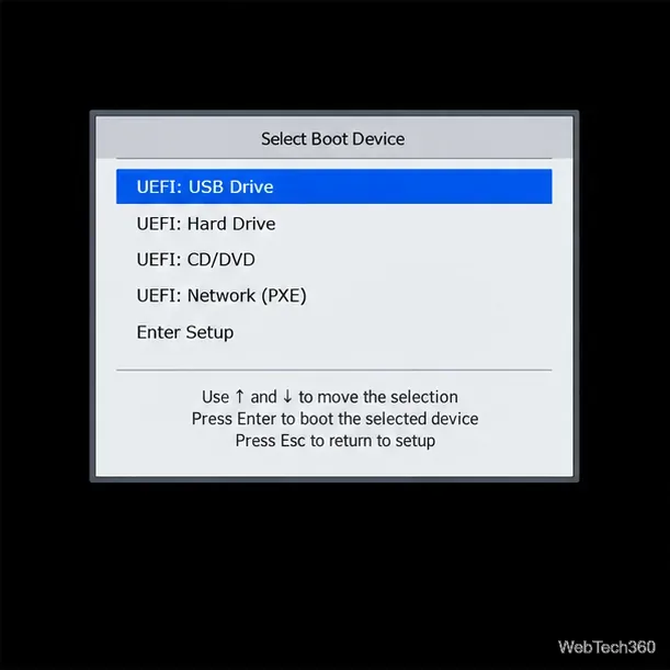 Un meniu generic de boot UEFI cu intrarea unității USB evidențiată.