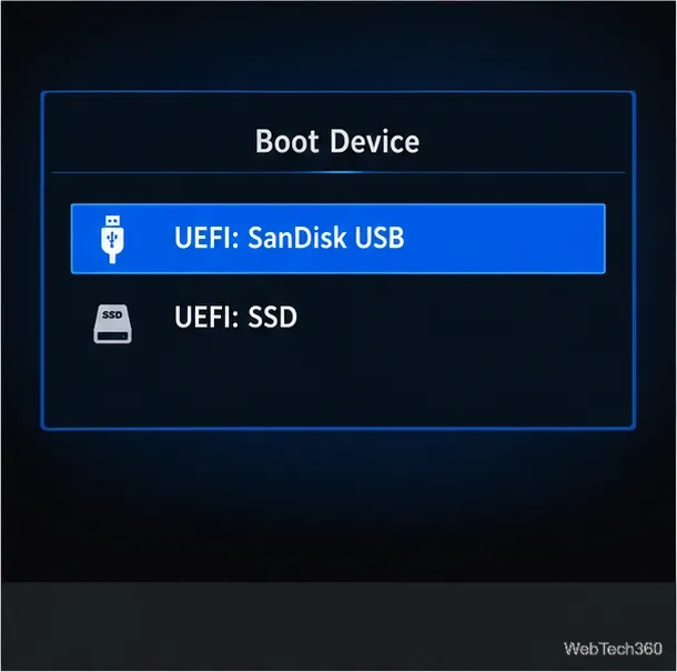 Illustration du menu de démarrage UEFI avec l'entrée USB amovible mise en évidence au-dessus du SSD interne