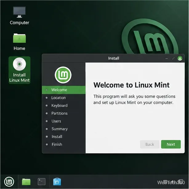 Bureau Linux Mint en direct avec le raccourci « Installer Linux Mint » et l’écran de bienvenue de l’installateur ouverts