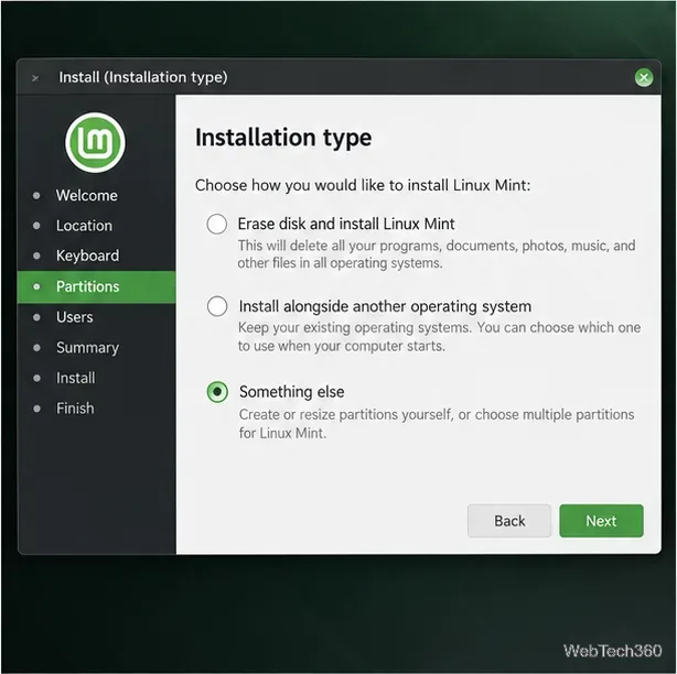 Illustration de l'écran d'installation de Linux Mint avec l'option « Autre » sélectionnée au lieu de « Effacer le disque ».