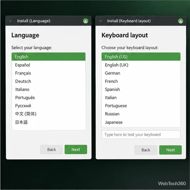 Écrans d'installation de Linux Mint (langue et disposition du clavier) avec clavier anglais et américain sélectionnés
