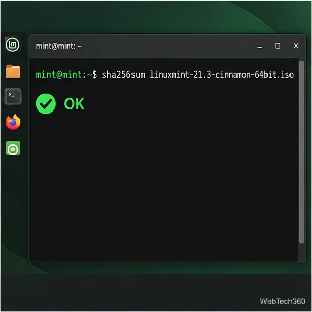 Illustration d'une fenêtre de terminal Linux Mint affichant une commande sha256sum pour l'ISO Cinnamon 21.3