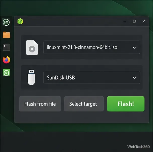 Illustration d'un utilitaire d'imagerie USB avec une image ISO de Linux Mint, un lecteur amovible et le bouton Flash.