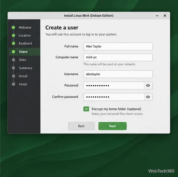 Machetă de instalare cu nume de utilizator, nume de computer, parolă și câmpuri opționale de criptare a folderului principal.