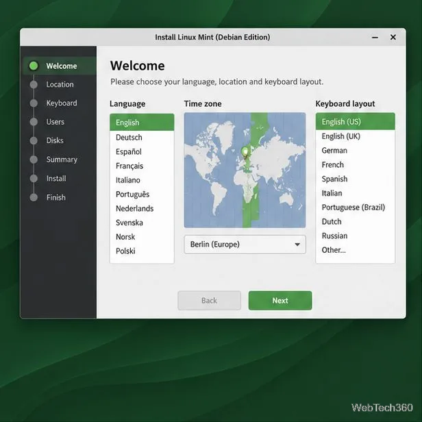 Machetă a programului de instalare Linux Mint care prezintă opțiunile de limbă, fus orar și aspect al tastaturii.