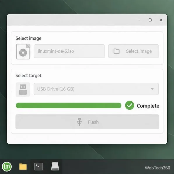 Machetă a utilitarului de imagistică USB care arată că scrierea fișierului de instalare s-a finalizat.