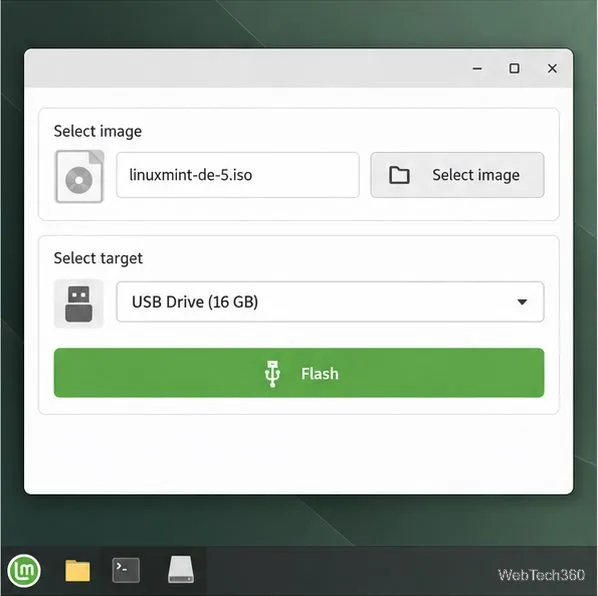 Machetă a utilitarului de imagistică USB cu fișierul ISO LMDE selectat ca sursă și o unitate USB ca țintă.