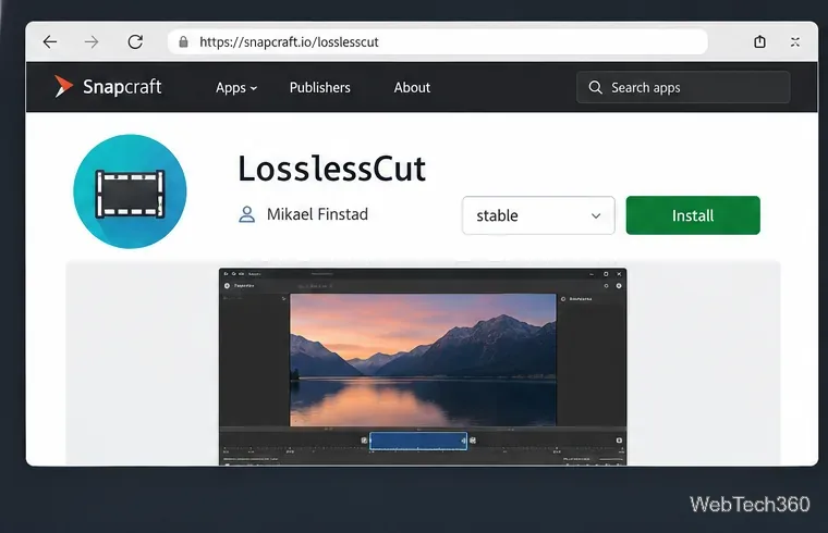 صفحة برنامج LosslessCut Snapcraft التي تعرض خيار التثبيت الخاص بالناشر والإصدار المستقر.
