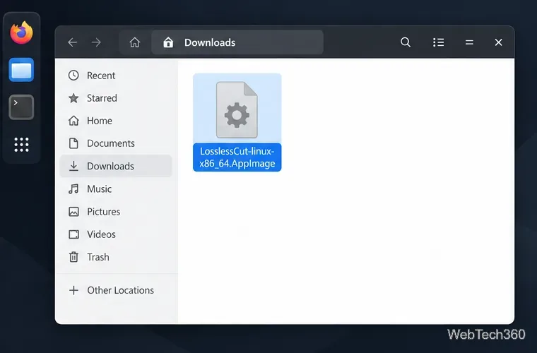 مدير ملفات لينكس مع تحديد LosslessCut-linux-x86_64.AppImage في قسم التنزيلات.