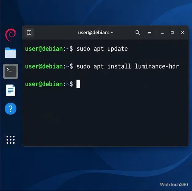 Debian terminal showing apt update followed by apt install luminance-hdr