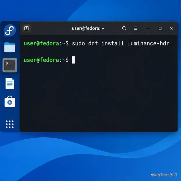 Fedora terminal showing the dnf install luminance-hdr command