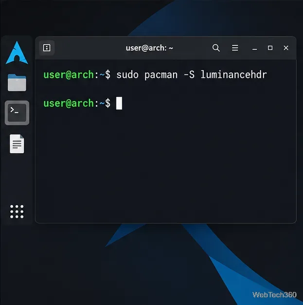 Arch Linux terminal showing pacman installing the luminancehdr package