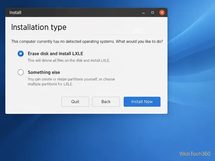 Configuração do disco de instalação do LXLE com a opção "Apagar disco e instalar o LXLE" selecionada.