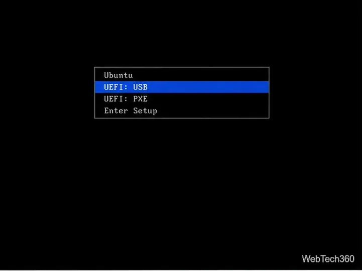 Um menu de inicialização de firmware genérico com a opção USB destacada.
