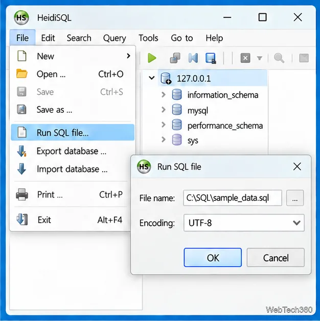 HeidiSQL File menu with Run SQL file selected and the encoding field set to UTF-8