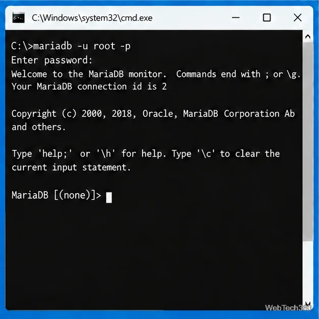 MariaDB command prompt after a successful local login at the MariaDB monitor prompt