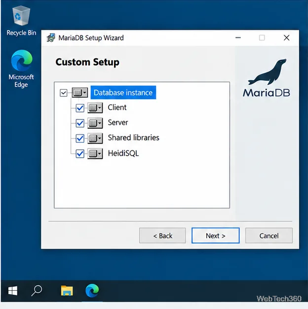 MariaDB Custom Setup feature tree with Database instance selected alongside client and HeidiSQL features