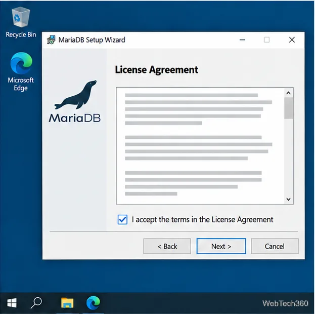 MariaDB Setup Wizard license agreement with the acceptance option selected