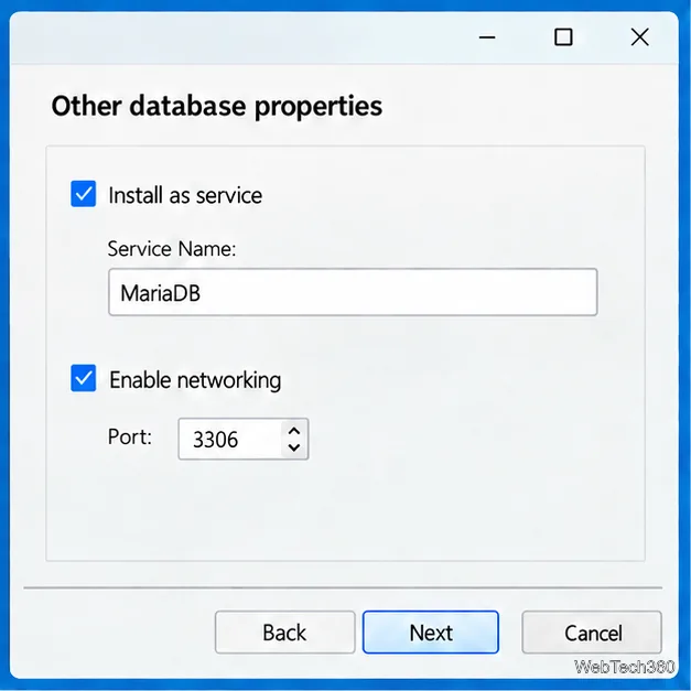 MariaDB MSI service and networking settings showing service name MariaDB and TCP port 3306