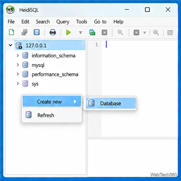 Connected HeidiSQL database tree with Create new and Database context-menu options open