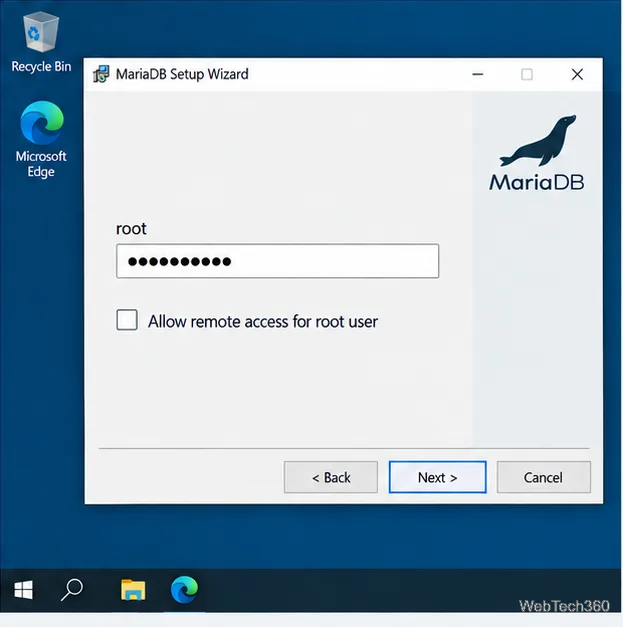 MariaDB root password field masked, with remote root access left unchecked