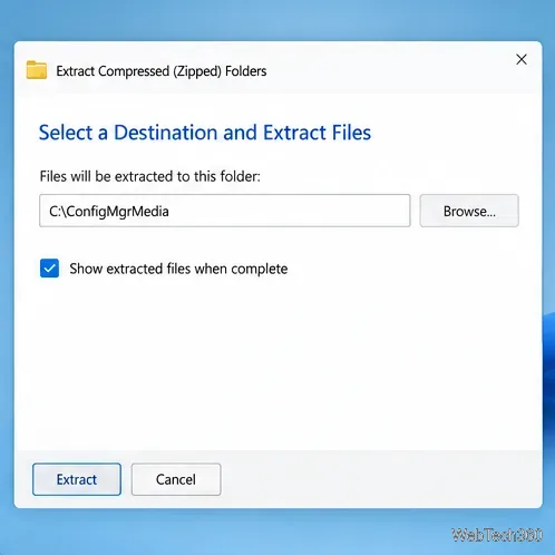 Conceptual archive extraction window choosing a destination folder for Configuration Manager media