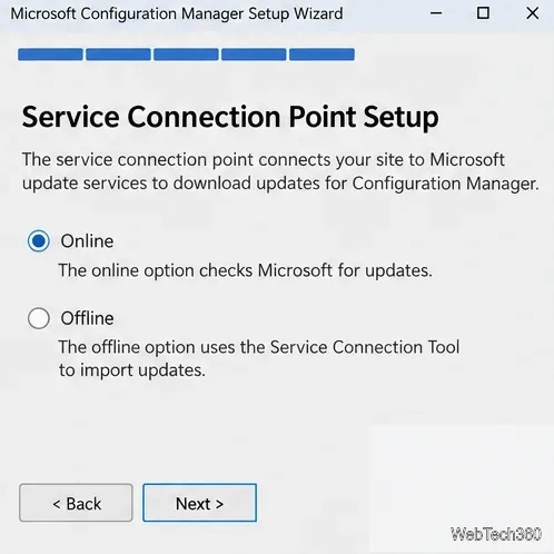 Conceptual Service Connection Point Setup page with Online and Offline modes